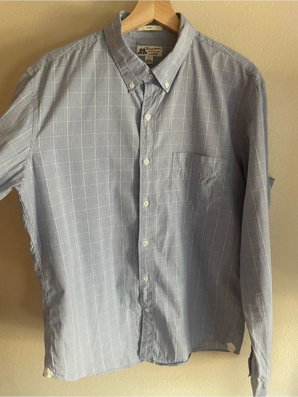 Thomas Mason J. Crew Slim Fit Light Blue and White Checked Slim Dress Shirt